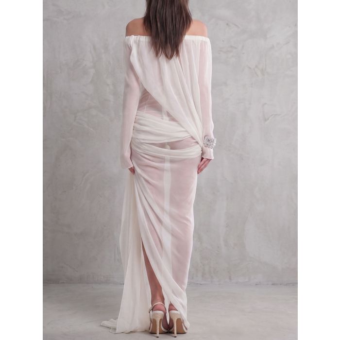 Flattering Off Shoulder Long Sleeve Resort Waist Sash Slit Mesh Max…