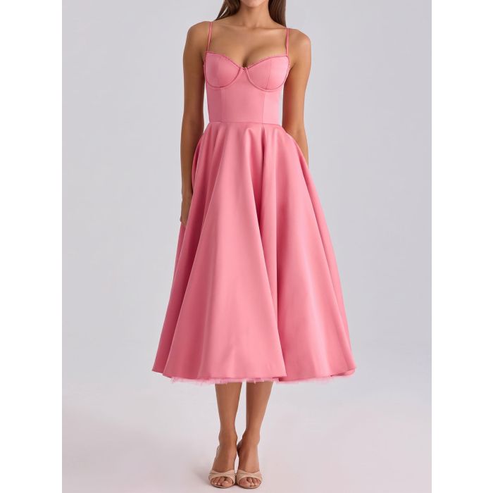 Elegant Sweetheart Fit Flare Tulle Layer Resort Satin Slip Midi Dre…