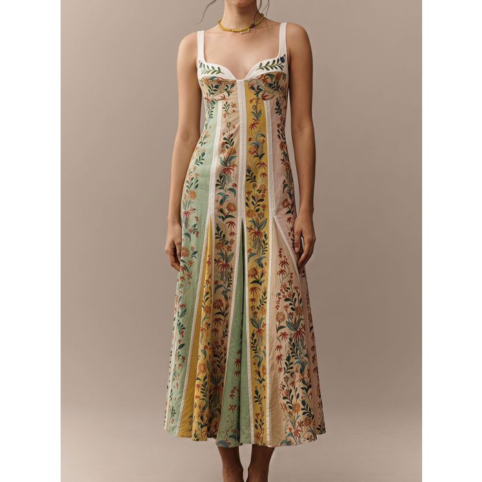 Relaxed V-Neck Multicolor Floral Resort Sleeveless Godet Midi Dress