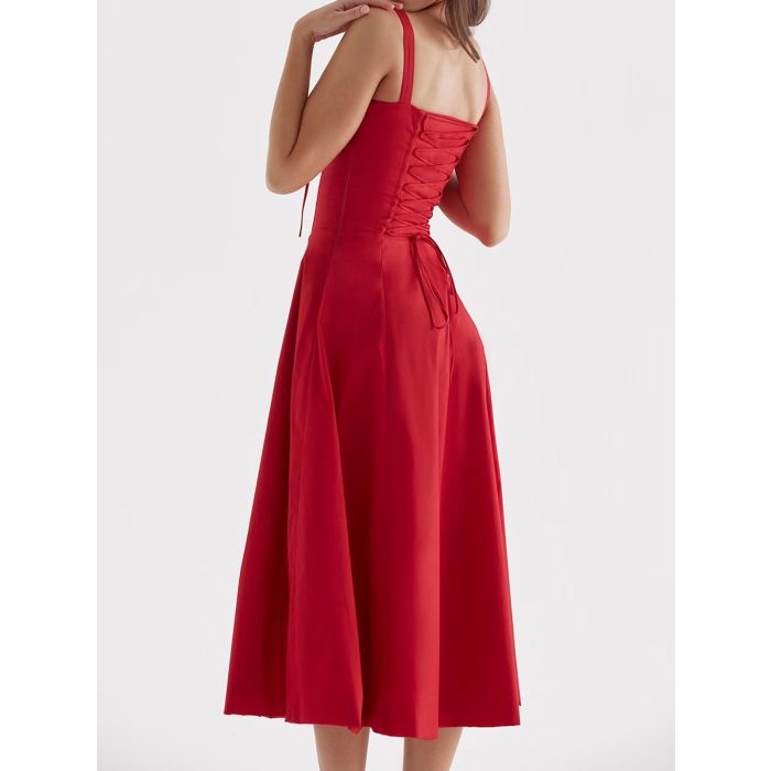Breezy Tie Front Sweetheart Fit Flare Lace Up Resort Slit Midi Sund…