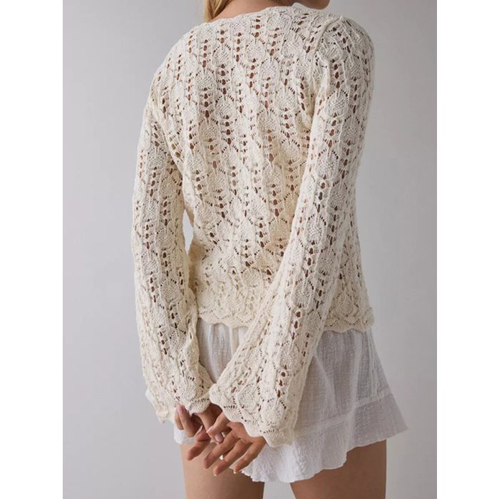 Playful Tie Front Flared Sleeve Resort Floral Crochet Knit Cardigan