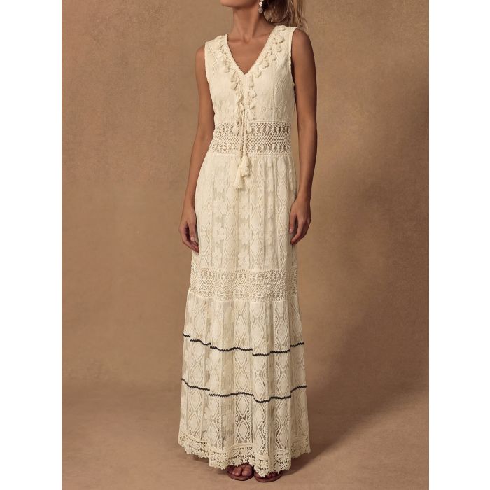 Relaxed Fringe V-Neck Crochet Floral Lace Resort Sleeveless Maxi Dr…