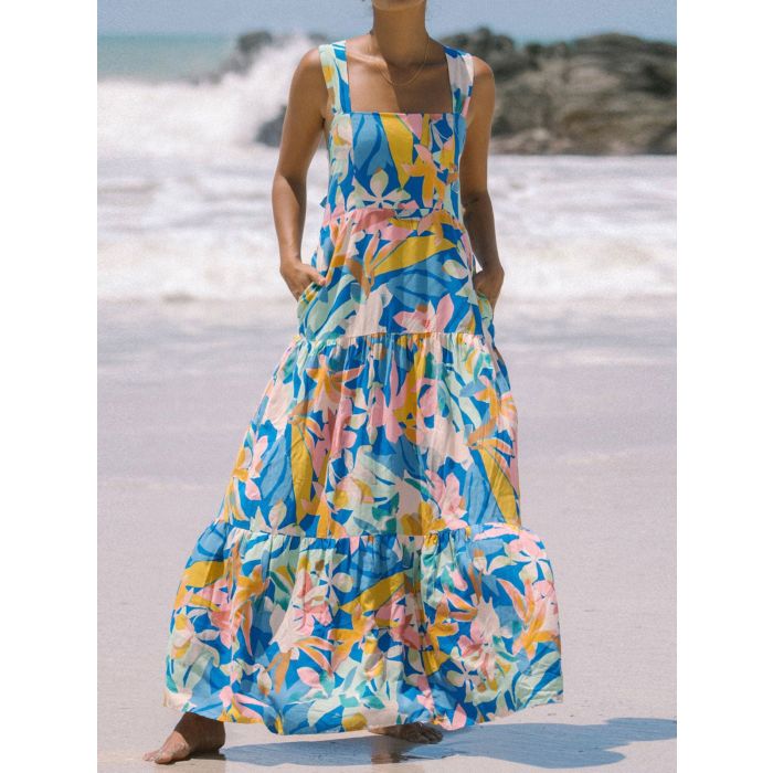 Relaxed Floral Square Neck Pocket Resort Tiered Maxi Sundress