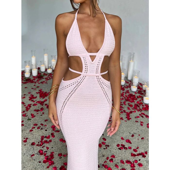 Flattering Plunge Halter Tie Backless Cutout Beach Crochet Knit Max…