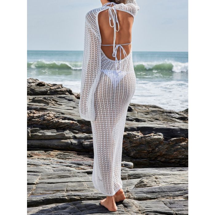 Flattering Cutout Back 3D Flower Beach Crochet Knit Cover-Up Maxi D…