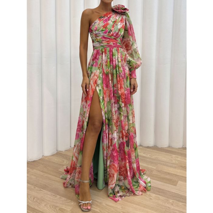 Colorful 3D Flower One Shoulder Long Sleeve Slit Ruched Maxi Dress