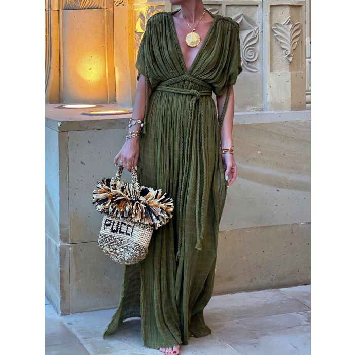 Convertible Braided Strappy Short Sleeve Resort Slit Wrap Maxi Dress