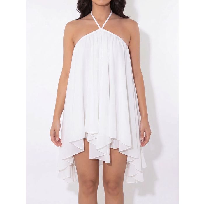 Flowy Halter Tie Open Back Resort a Line Layered Chiffon Mini Dress