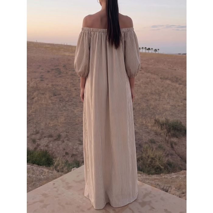 Retro Off Shoulder Puff Sleeve Oversized Lined Cotton Striped Maxi…