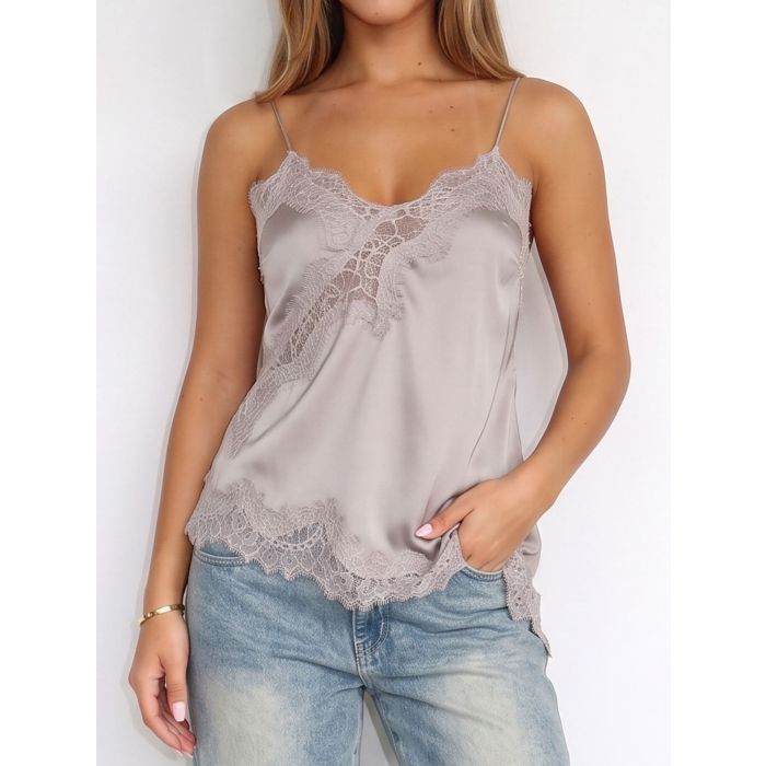 Asymmetrical Lace V-Neck Spaghetti Strap Resort Crop Satin Top