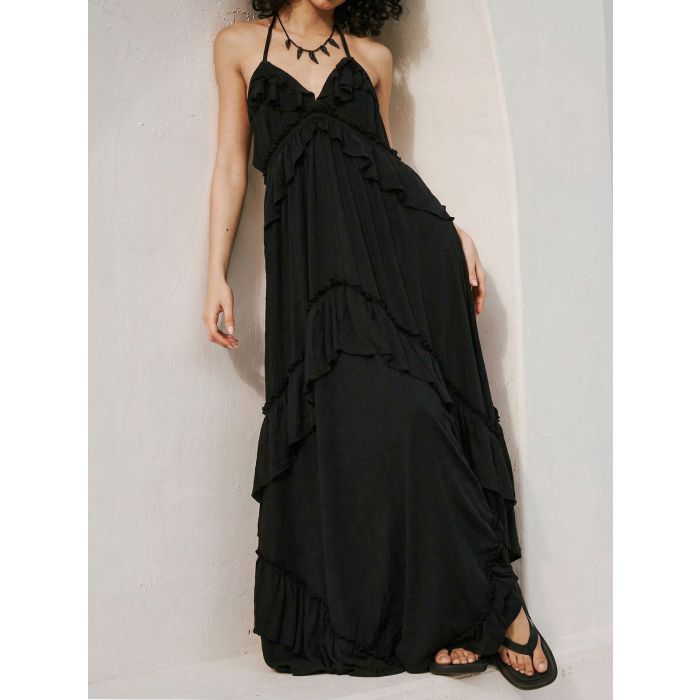 Relaxed Halter Tie Back Tiered Ruffle Resort Crinkled Babydoll Maxi…