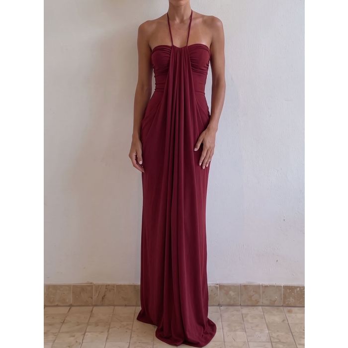 Effortless Chic Halter Tie Column Resort Draped Ruched Maxi Dress