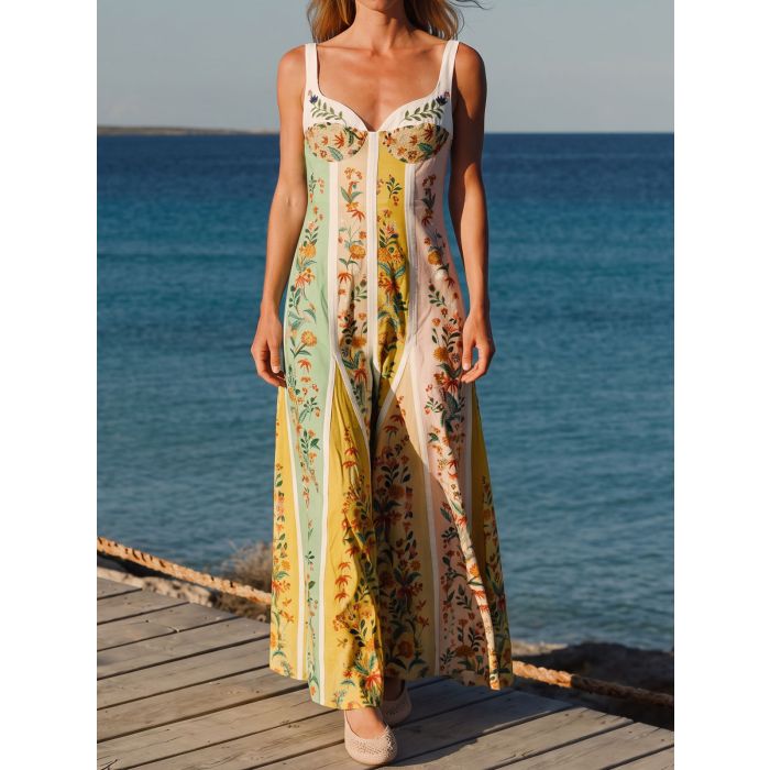 Relaxed V-Neck Multicolor Floral Resort Sleeveless Godet Midi Dress