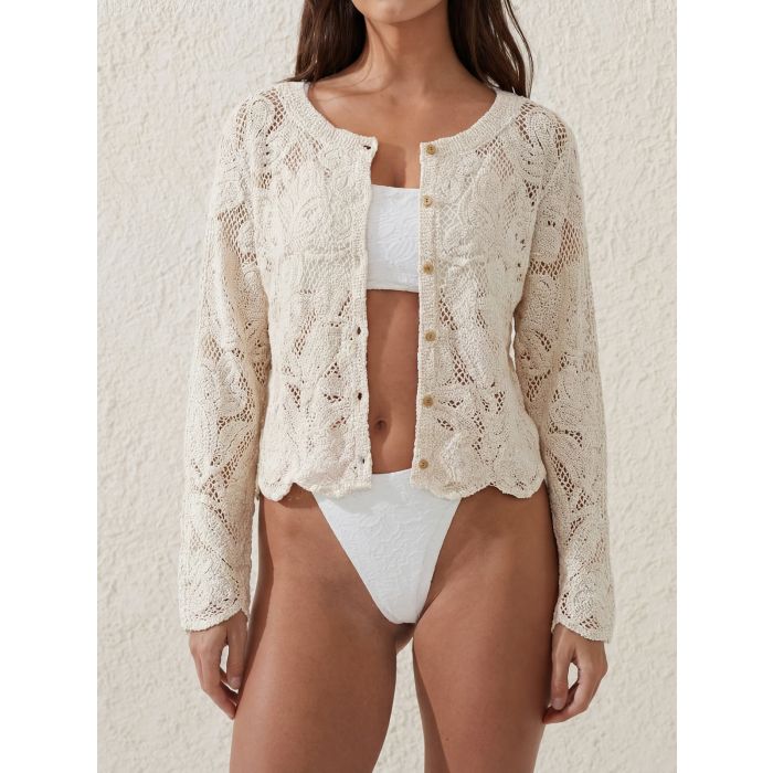 Relaxed Floral Crew Neck Button Up Resort Long Sleeve Crochet Shirt