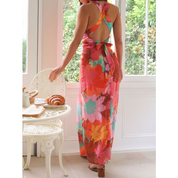 Vibrant Plunge Halter Tie Back Resort High Slit Floral Maxi Dress