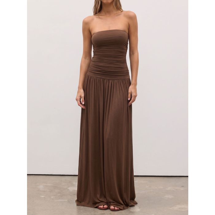 Minimalist Solid Color Strapless Resort Drop Waist Ruched Maxi Dress