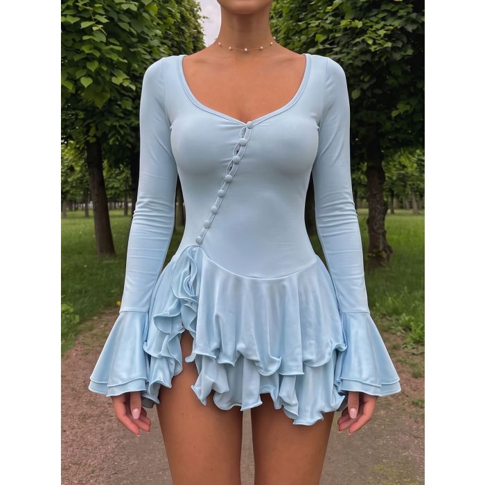 Asymmetrical Button Up Long Sleeve Bodycon Layered Ruffle Mini Dress