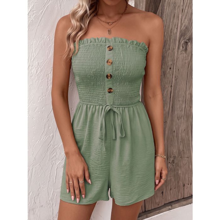 Casual Ruffled Smocked Strapless Button Resort Wide Leg Romper