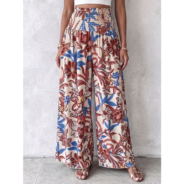 Relaxed Smocked High Waist Tropical Wide Leg Resort Palazzo Pants