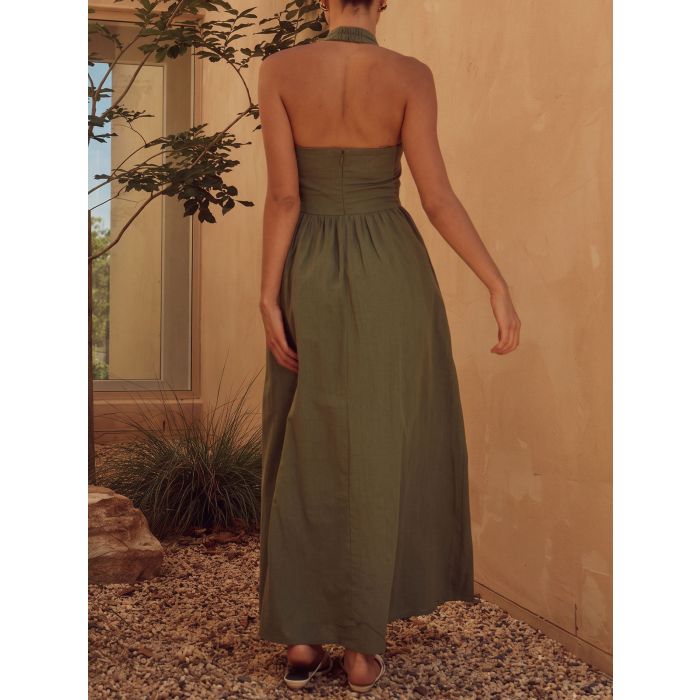 French Halter Fit Flare Sleeveless Resort Drop Waist Maxi Dress