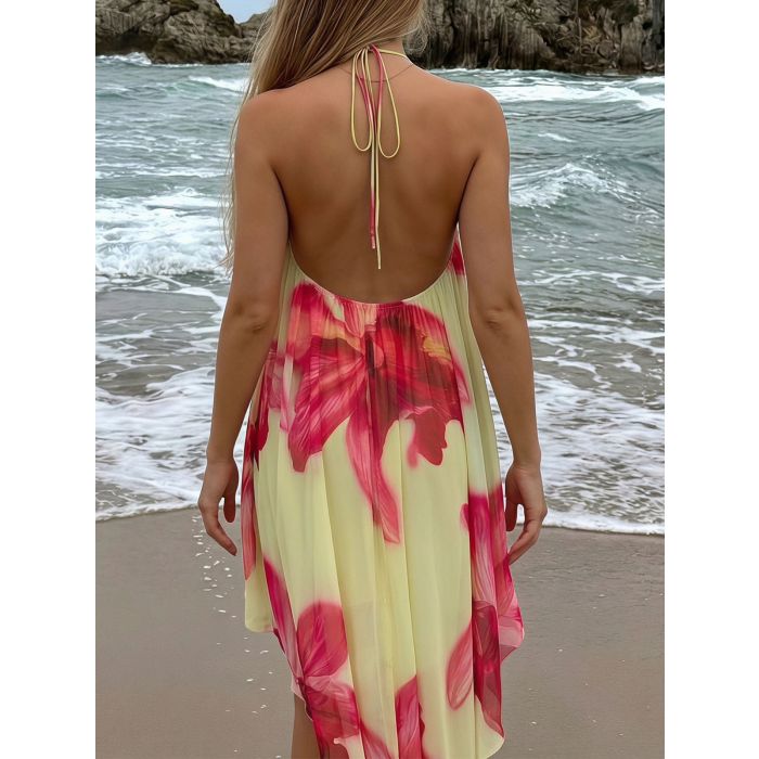 Relaxed Watercolor Floral Halter Resort a Line Layered Chiffon Mini…