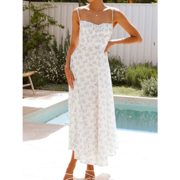 Flattering Ruched Sweetheart Tie Back Resort Floral Slip Midi Dress