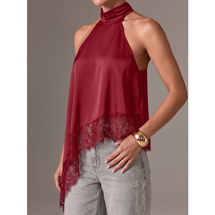 Asymmetrical Scalloped Lace Resort High Neck Silky Satin Top