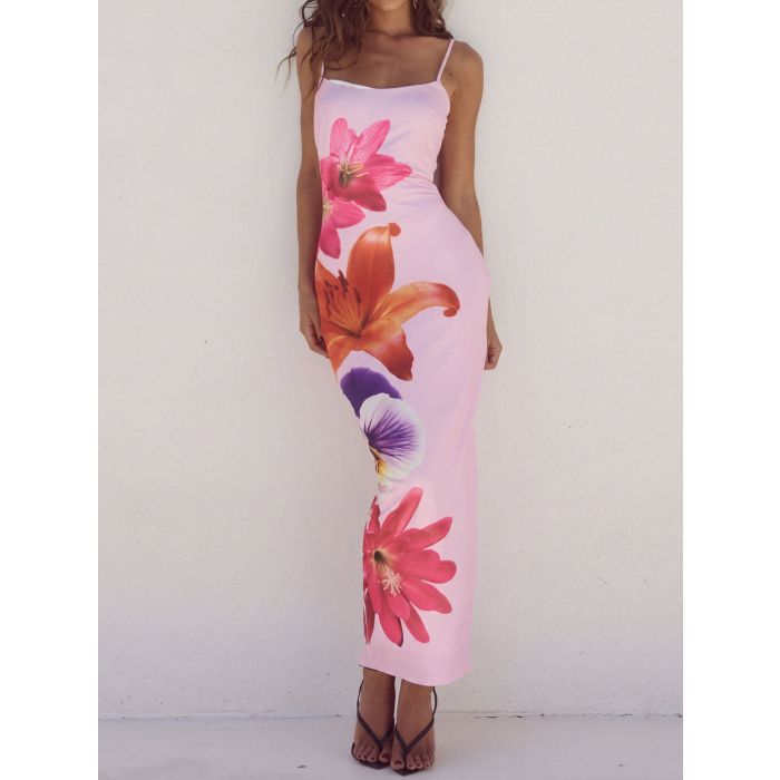 Vibrant Scoop Spaghetti Strap Bodycon Resort Floral Maxi Dress