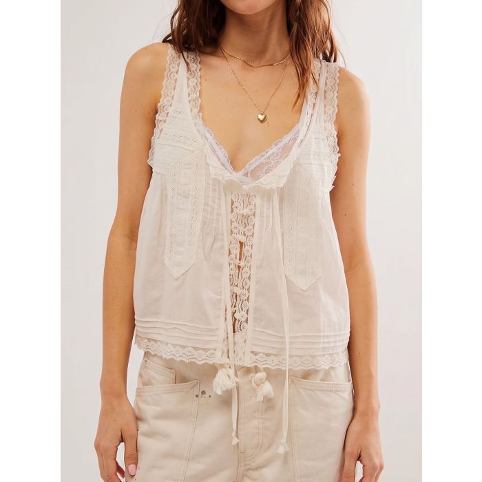 Relaxed Chic Ruffled Tie Front Button Up Resort Lace Crop Tank Top