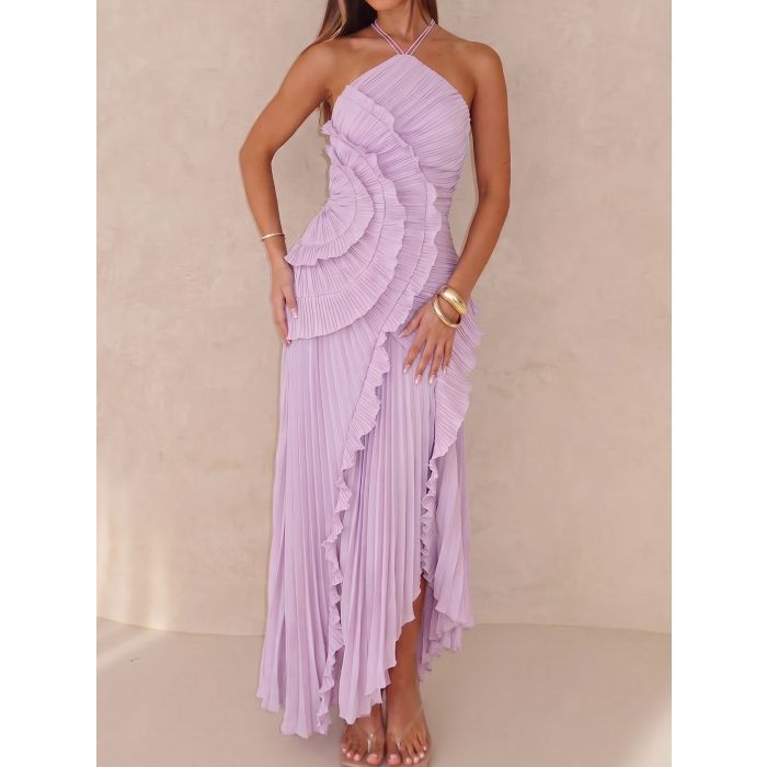 Asymmetrical Ruffle High Neck Resort Chiffon Pleated Midi Dress