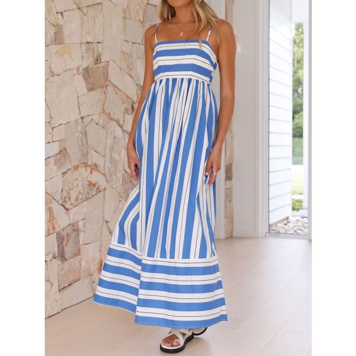 Flattering Square Neck Empire Waist Resort Striped Slip Maxi Dress