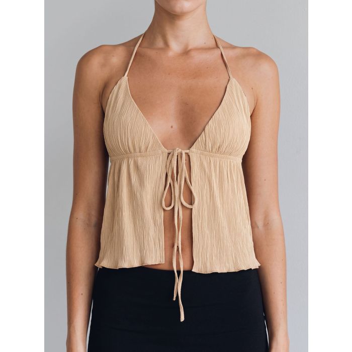 Playful Plunge Halter Neck Tie Front Slit Summer Resort Plisse Crop…