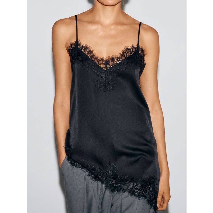 Asymmetrical Lace V-Neck Spaghetti Strap Resort Cami Satin Top