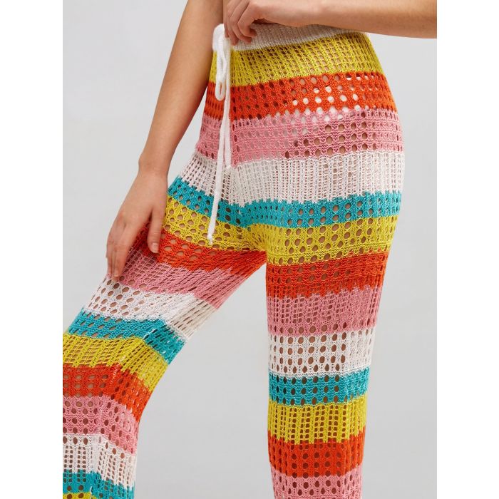 Rainbow Striped Tie High Waist Beach Crochet Knit Cover-Up Pants