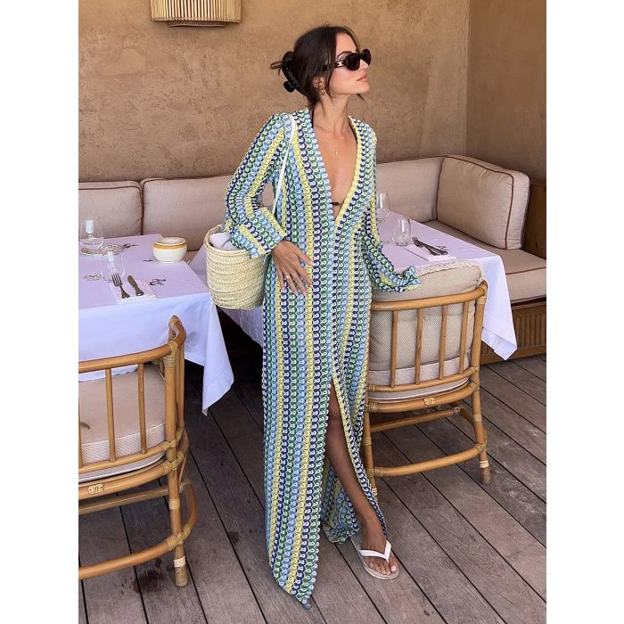 Resort Scalloped V-Neck Bell Sleeve Crochet Knit Maxi Dress