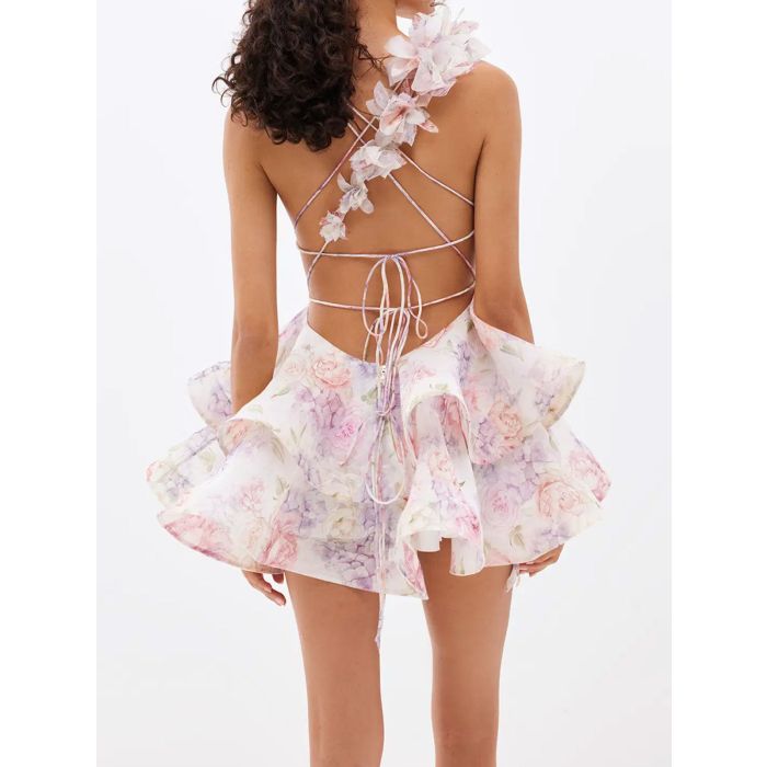 Flattering Lace Up 3D Flower Deep V Resort Organza Floral Tiered Mi…