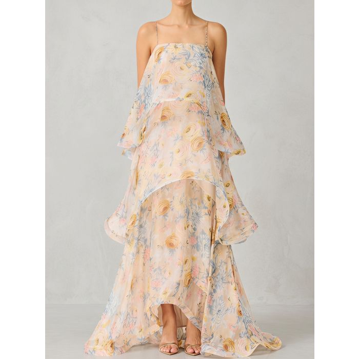 Ethereal Square Neck Tiered Ruffle Resort Floral Slip Maxi Dress