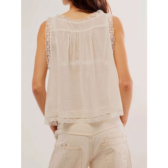 Relaxed Chic Ruffled Tie Front Button Up Resort Lace Crop Tank Top