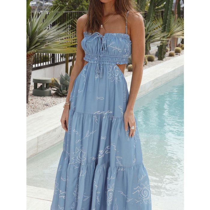 Flattering Ruffle Tie Neck Cutout Resort Crinkled Tiered Midi Sundr…