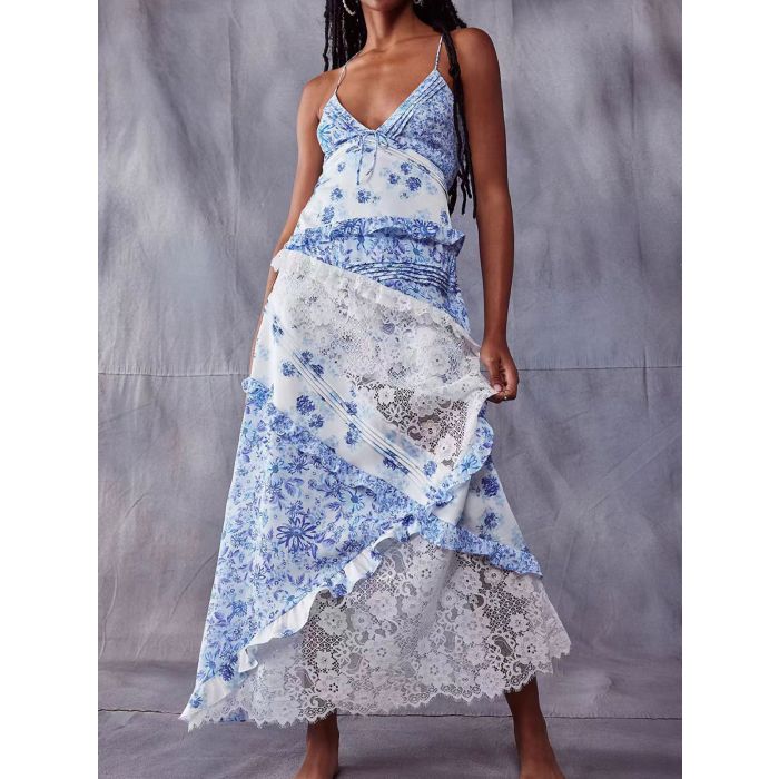 Resort Pleated V-Neck Ruffle Floral Patchwork Lace Slip Maxi Dress