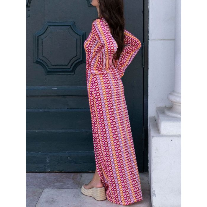 Resort Scalloped V-Neck Bell Sleeve Crochet Knit Maxi Dress