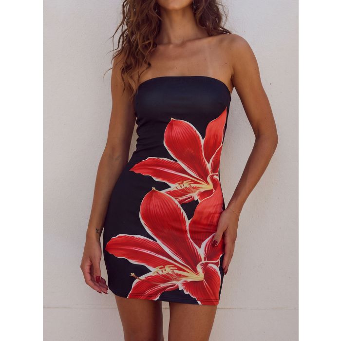 Vibrant Contrast Watercolor Floral Summer Bodycon Strapless Mini Dr…