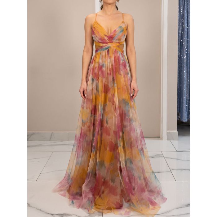 Flowy V-Neck Watercolor Floral Mesh Sleeveless Wrap Cutout Maxi Dre…