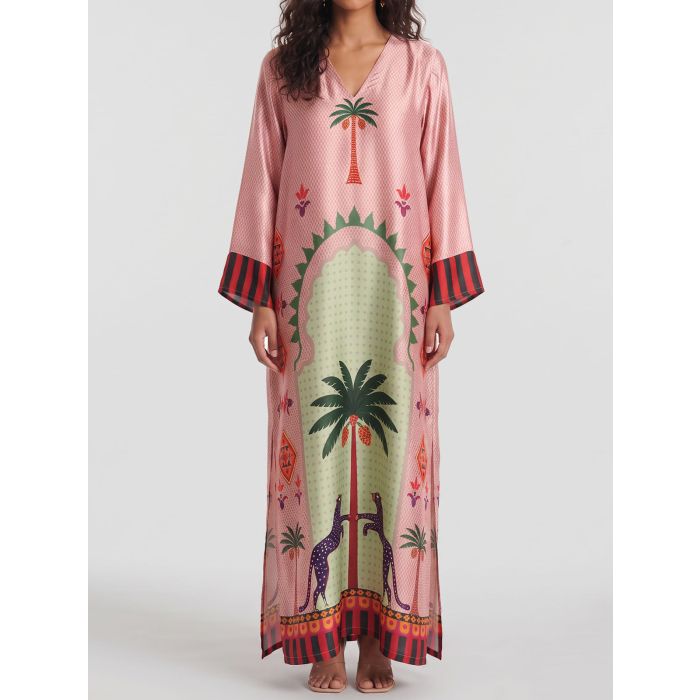 Tropical Palm V-Neck Wide Sleeve Resort Slit Satin Kaftan Maxi Dress