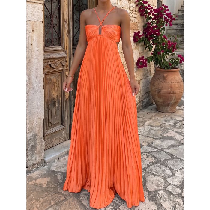Flowy Crisscross Strap Empire Waist Resort Pleated Cutout Maxi Dress