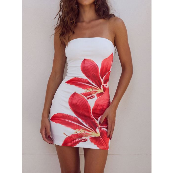 Vibrant Contrast Watercolor Floral Summer Bodycon Strapless Mini Dr…