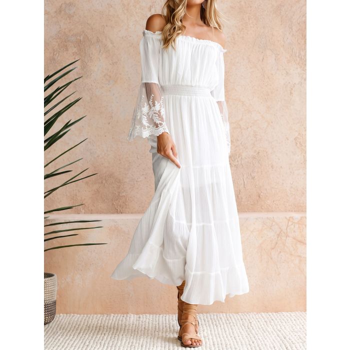 Breezy Off Shoulder Lace Bell Sleeve Resort Tiered Maxi Dress