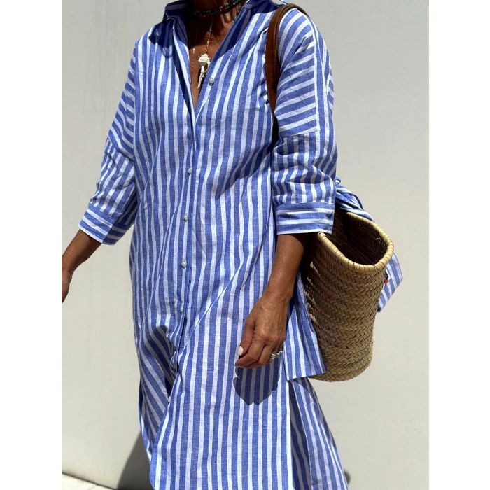 Resort Collared Button Down Half Sleeve Slit Printed Shirt Midi Dre…