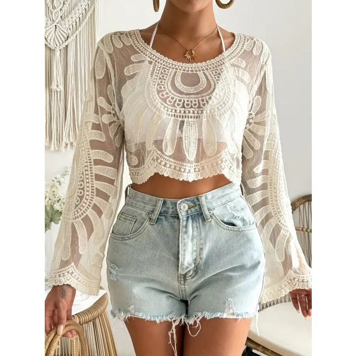 Relaxed Scalloped Crew Neck Embroidered Lace Beach Crop Cover-Up