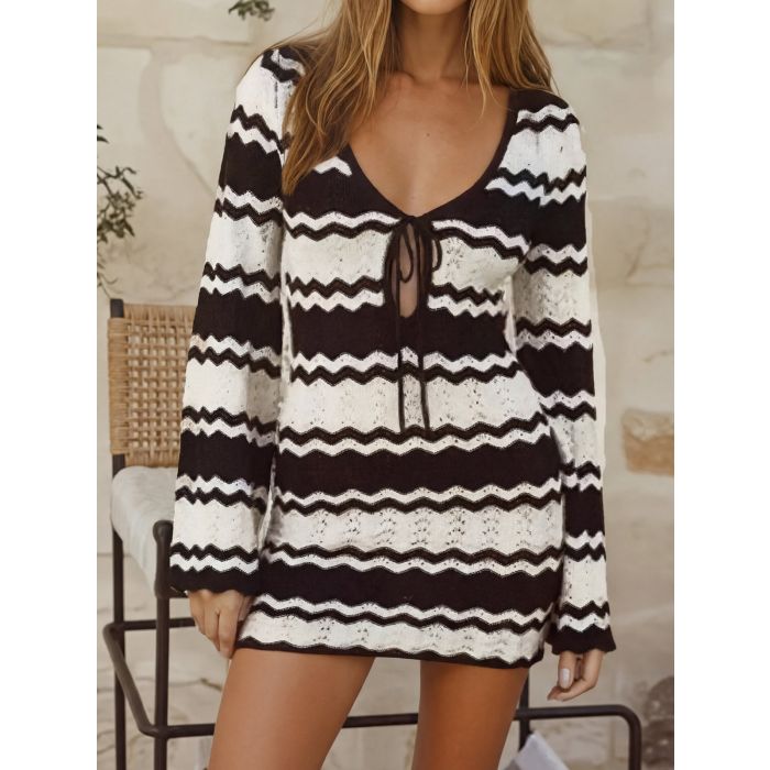 Wavy Open Knit Tie Neck Long Sleeve Beach Crochet Cover-Up Mini Dre…